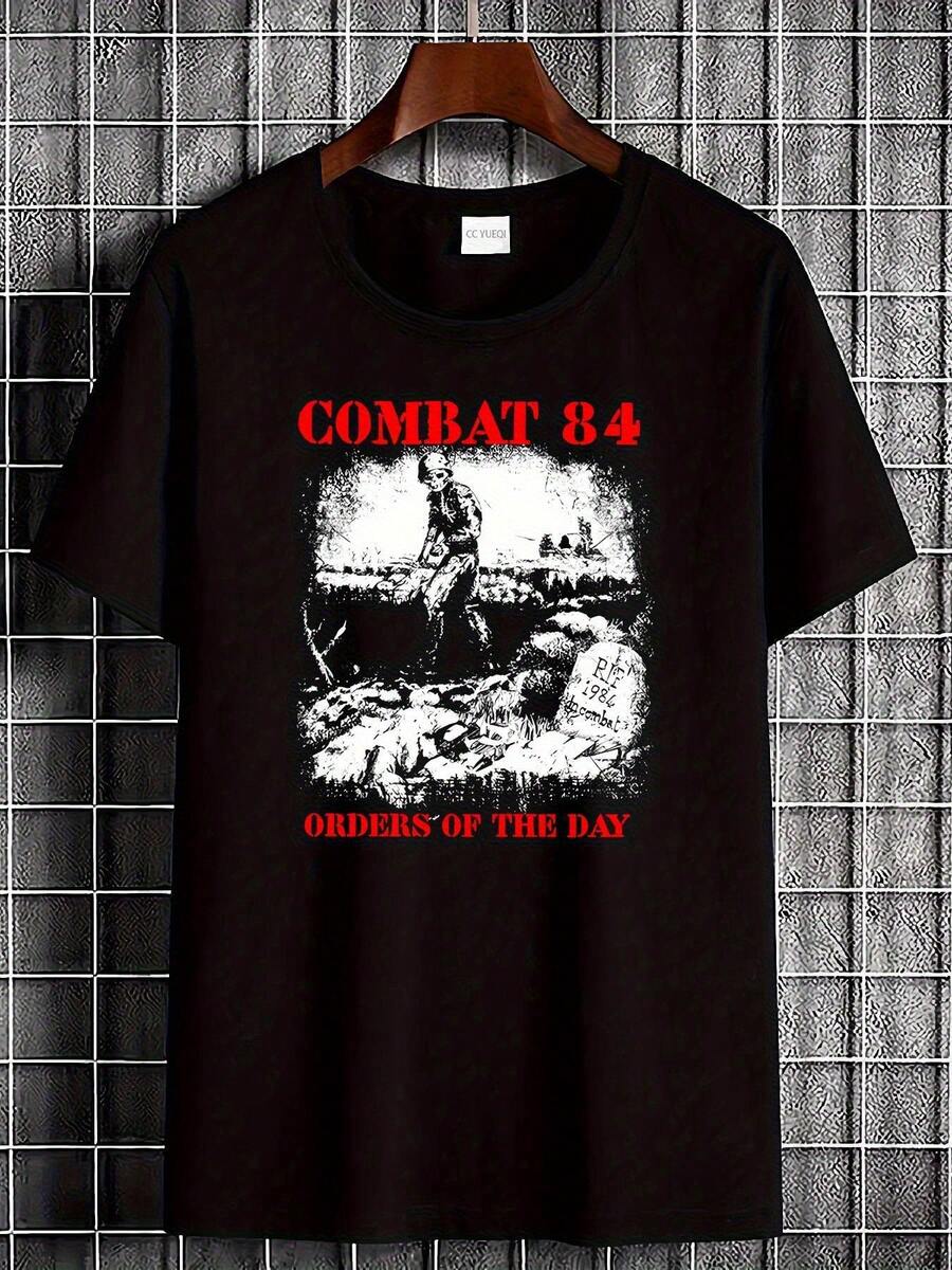 Combat 84 Daily Command T-Shirt | Retro Graphic Print In Bold Red And White, Unisex Urban Style, Soft And Breathable Casual Shirt For All Seasons, Short Sleeves And Crew Neck, Designed By Combat 84. A Short-Sleeved T-Shirt Suitable For Home, Everyday Wear, Parties And Travel - Perfect As A Gift For Friends Or Family. - Black - View 1