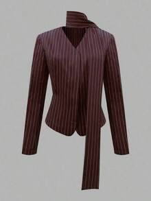 Chaqueta de blazer elegante a rayas para mujer, chaqueta de lujo de manga larga con cuello en V y bufanda anudada para mujer, prenda exterior de primavera - Rojo - Ver 7