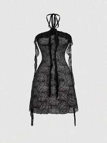 Vestido de malla elástica de punto para mujeres con decoración floral, volantes sin mangas en color lila - Negro 2 - Ver 3