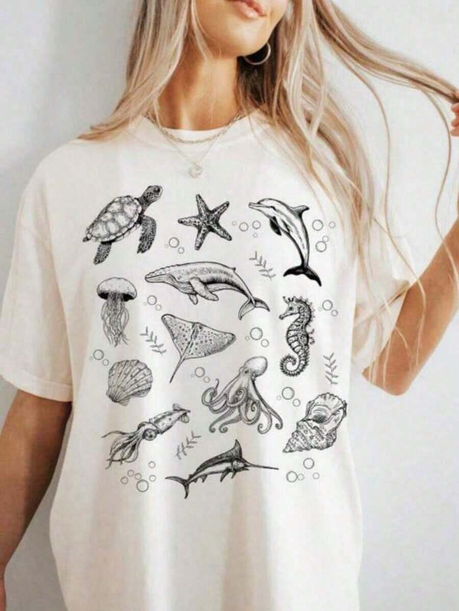 Under The Radar 90s Vintage Style Marine Animal Mia, R Y2K Ocean, Marine Life, Whale, Ocean, Turtle, Din, Uni For Adults.-Unisex Short Sleeve Crew Neck Loose Cotton T-Shirt Vintage Urban Style - 白色 - 查看 1