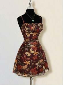 Vestido mini plisado con estampado de hoja de arce vintage para mujer, adecuado para vacaciones de verano y ropa de vuelta al colegio - Marrón - Ver 7