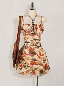 Vestido mini plisado con estampado de hoja de arce vintage para mujer, adecuado para vacaciones de verano y ropa de vuelta al colegio - Multicolor 5 - Ver 3