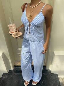 Conjunto informal de 2 piezas con top de tirantes con nudo delantero y rayas y pantalones para mujer - Multicolor - Ver 9