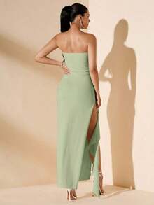 Vestido de dama de honor de boda de verano, vestido largo blanco con pliegues, abertura alta, volantes y tiras para fiesta, sin mangas y sin tirantes, sexy - verde menta - Ver 2