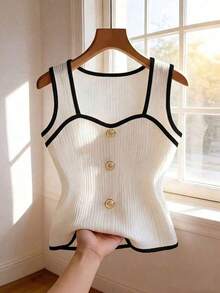 Camiseta de tirantes casual de verano para mujer con decoración de metal - Blanco y Negro - Ver 6
