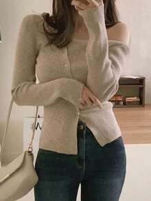 Blusa casual de mujer de punto acanalado con botones y manga corta - Marrón Mocha 2 - Ver 6