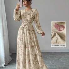 Women's Summer Chiffon Butterfly Print Ruched Round Neck Long Sleeve Dress Modest Dress Floral Dress Maxi Dress Printed Dress Yellow Floral Dress For Women Yelloe Dress Zanzea Dress For Women Ycv9w Discount Code For Woman Dress - Caqui - Ver 1