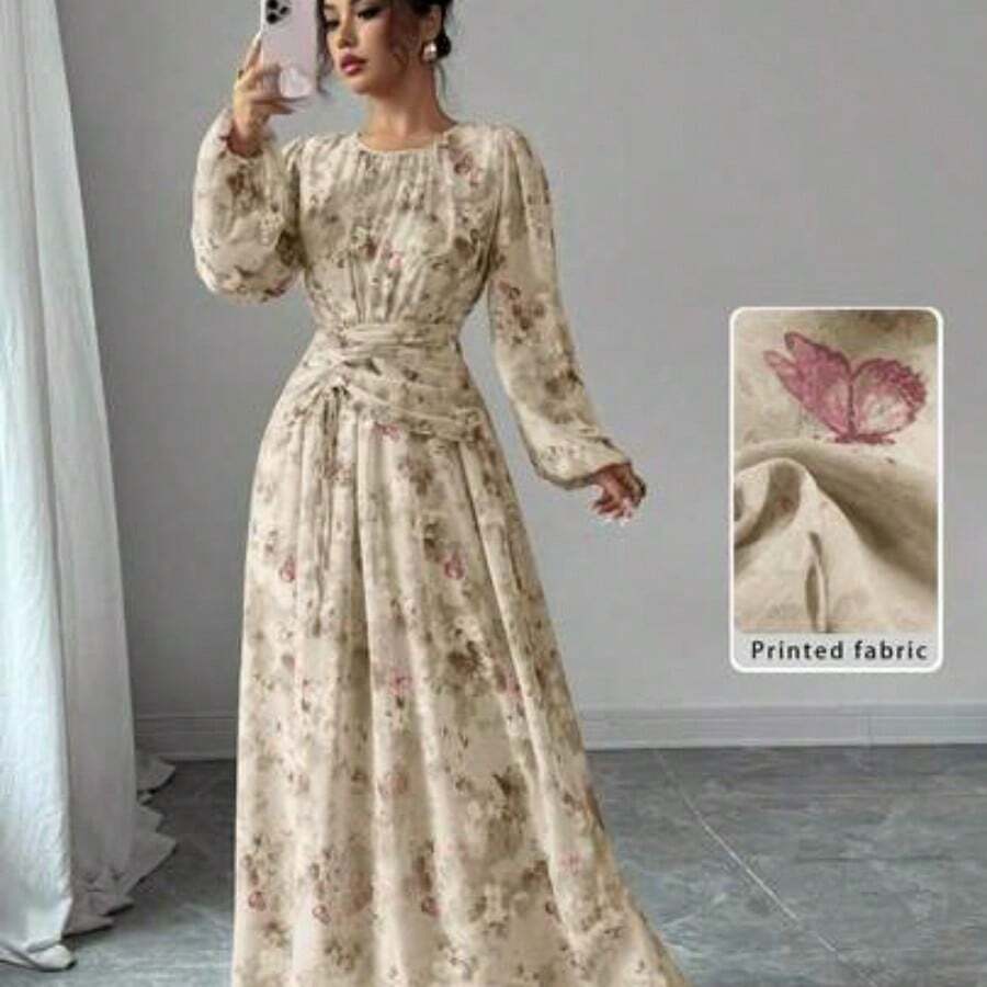 Women's Summer Chiffon Butterfly Print Ruched Round Neck Long Sleeve Dress Modest Dress Floral Dress Maxi Dress Printed Dress Yellow Floral Dress For Women Yelloe Dress Zanzea Dress For Women Ycv9w Discount Code For Woman Dress - Caqui - Ver 1
