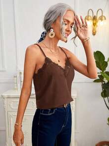 Frenchy Camiseta suelta de encaje con contraste para mujer - Café integral - Ver 3