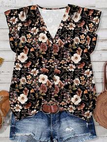 Camisa casual azul con estampado floral para mujer, adecuada para el verano - Negro - Ver 5