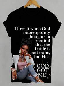 Plus Size Women's T-Shirt, New Spring-Summer 2026, Cotton, Breathable, Soft, Casual, Loose Fit, Round Neck And Short Sleeves, With Graphic Print "I Love It When God Interrupts My Thoughts", Comfortable To Wear At Home - 黑色 - 查看 1
