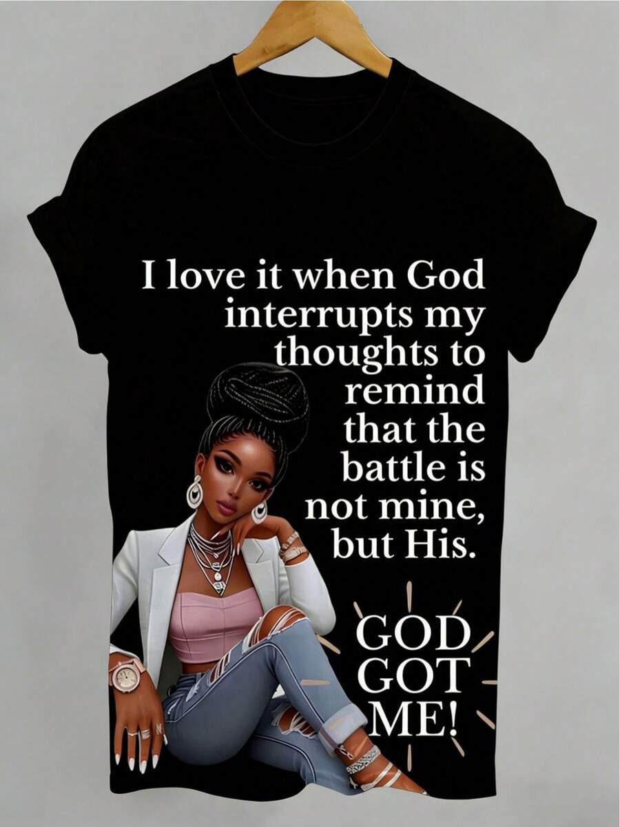 Plus Size Women's T-Shirt, New Spring-Summer 2026, Cotton, Breathable, Soft, Casual, Loose Fit, Round Neck And Short Sleeves, With Graphic Print "I Love It When God Interrupts My Thoughts", Comfortable To Wear At Home - 黑色 - 查看 1
