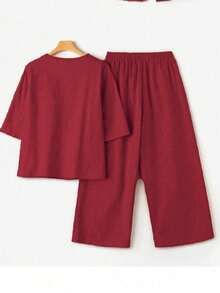 Conjunto de 2 piezas de top ajustado de manga media con cuello en V y pantalones largos de lino, casual, para primavera/verano/otoño/invierno - Rojo - Ver 2
