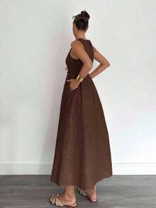 Vestido sin mangas de línea A de algodón y lino para mujer, primavera/verano - Marrón - Ver 2