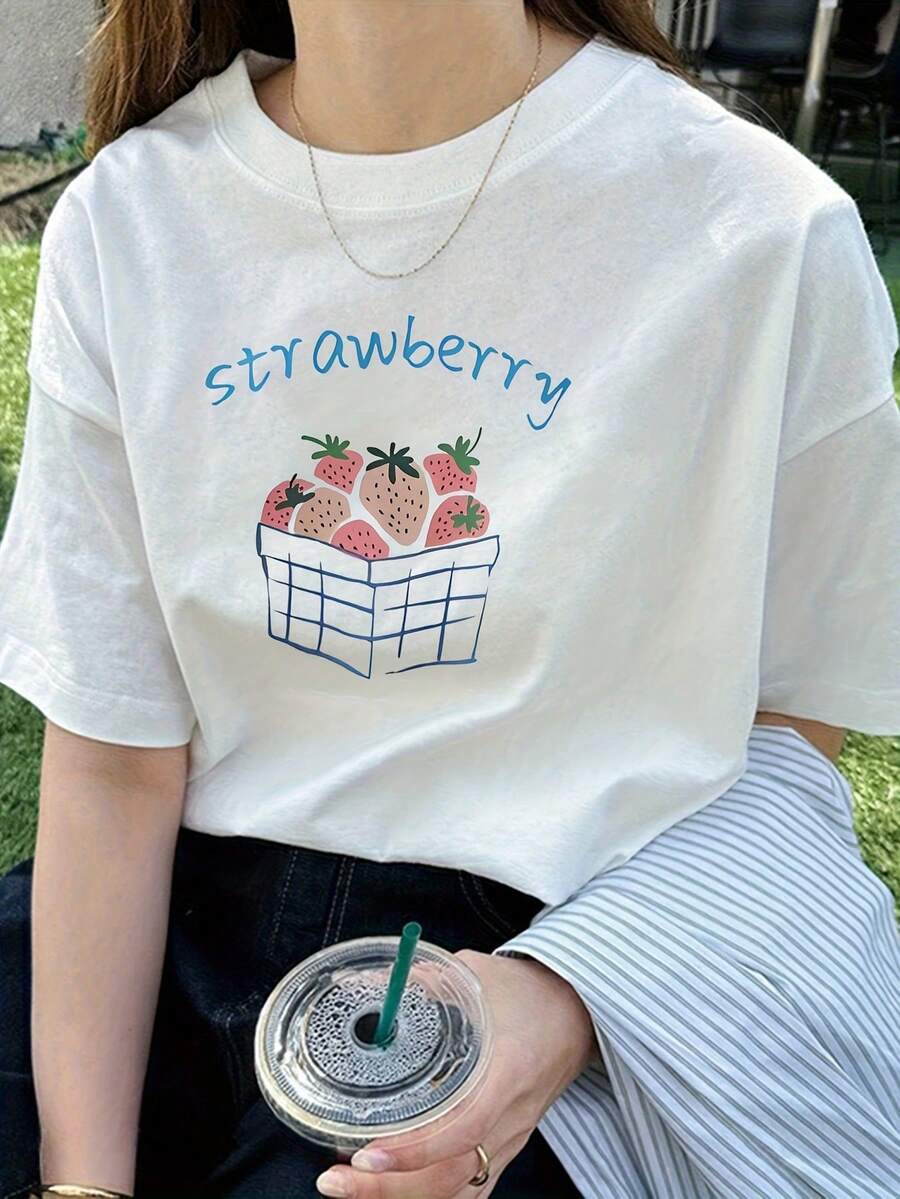 Women's Short Sleeve T-Shirt With Blue Strawberry Print And Blue Lettering, New Summer Fashion, Versatile Y2K Top With Round Neck And Loose Fit. - White - View 1