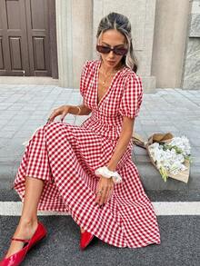 Vestido midi de corte evasé con cuello en V, mangas con volantes y cintura ceñida con estampado de cuadros para mujer - Multicolor - Ver 5
