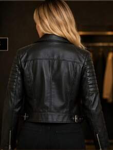Women's Leather Jacket With Belt - 黑色 - 查看 3