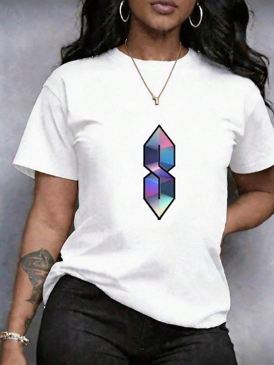 Camiseta para Mujer estampado de corazón y diseño floral figura geométrica y letra símbolo, cuello redondo cómoda, disponible en Tallas Grandes y Talla Grande, estilo deportiva casual para ocio, prenda casual transpirable que absorbe el sudor, Secado Rápido y Alta Calidad, Ropa de Verano para verano. - Blanco - Ver 1