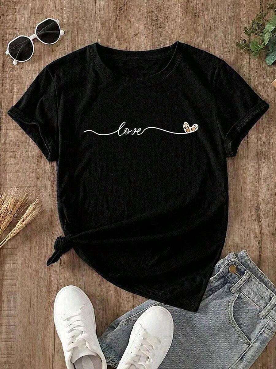 short sleevesCamisa con estampado de letras para mujer Camiseta casual suelta con estampado gráficoLeisure - Negro - Ver 1
