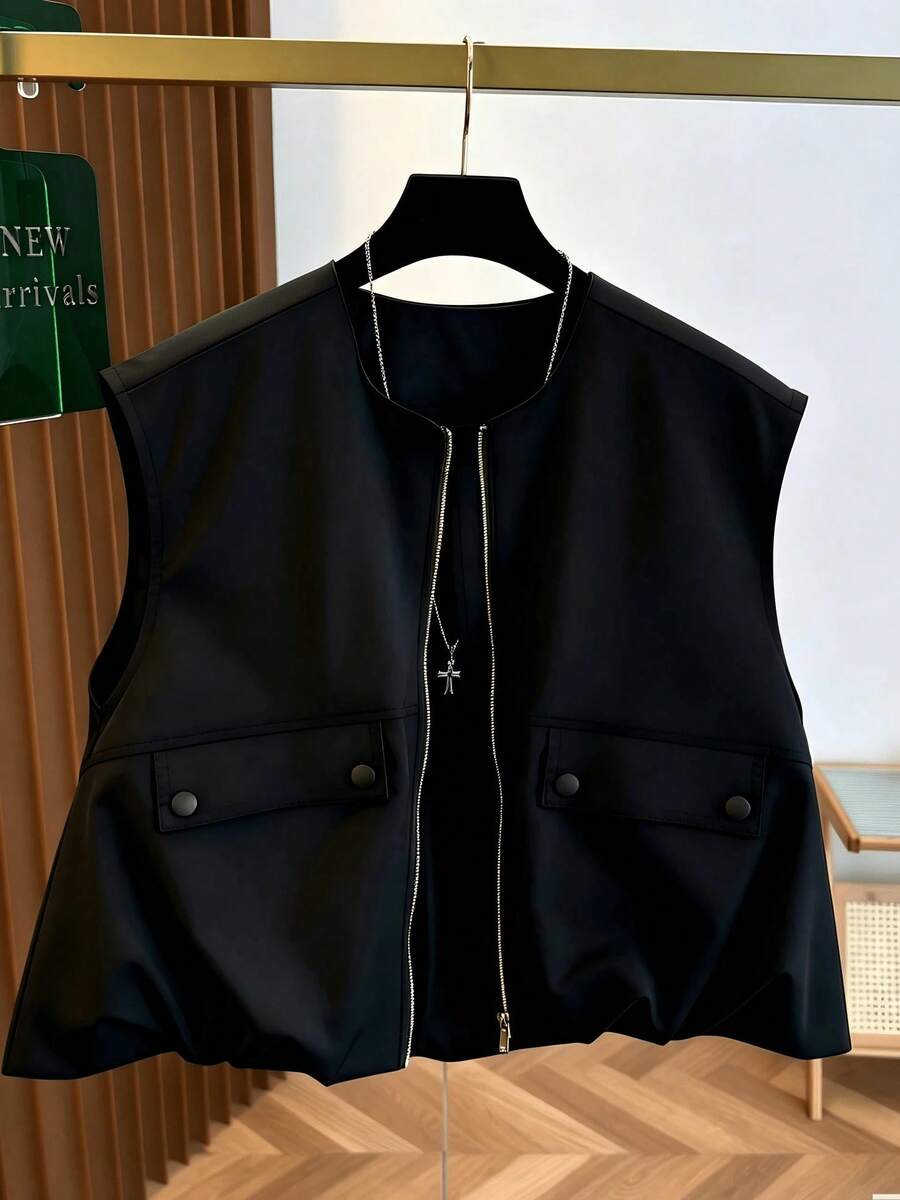 Chaleco corto sin mangas para mujer, con dobladillo de burbuja de unicolor fresco de otoño, cuello redondo con cremallera, de moda y versátil, ajustado negro de verano - Negro - Ver 1
