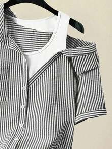 Camisa de mujer casual de manga corta raglán a rayas texturizada azul y blanca, de verano - Negro - Ver 5