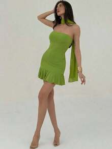 Vestido mini de mujer de unicolor con diseño de cinta y cuello halter - Verde - Ver 4