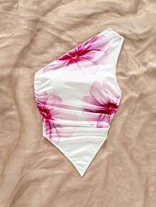 Blusa de mujer con estampado floral sexy, bajo asimétrico y hombros fruncidos, adecuada para vacaciones en la playa - Multicolor 3 - Ver 7