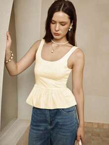 Camiseta sin mangas ajustada al Body con ribete de volantes cuadrado y diseño empalmado de un solo color para mujer en verano - Beis - Ver 6