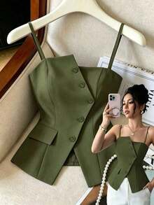 Elenzya 2025 Nuevo diseño asimétrico azul, versátil y casual con cintura ceñida, camiseta de tirantes para uso diario - Verde militar - Ver 6