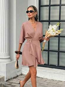Vestido corto casual y de viaje con cuello en V y estampado de cuadros para mujer - Rosa vieja - Ver 4