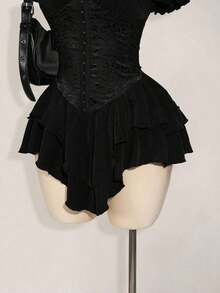Vestido corto de gasa con volantes en el hombro, cintura fruncida y estampado jacquard para mujer, elegante para fiestas y uso casual - Negro - Ver 7