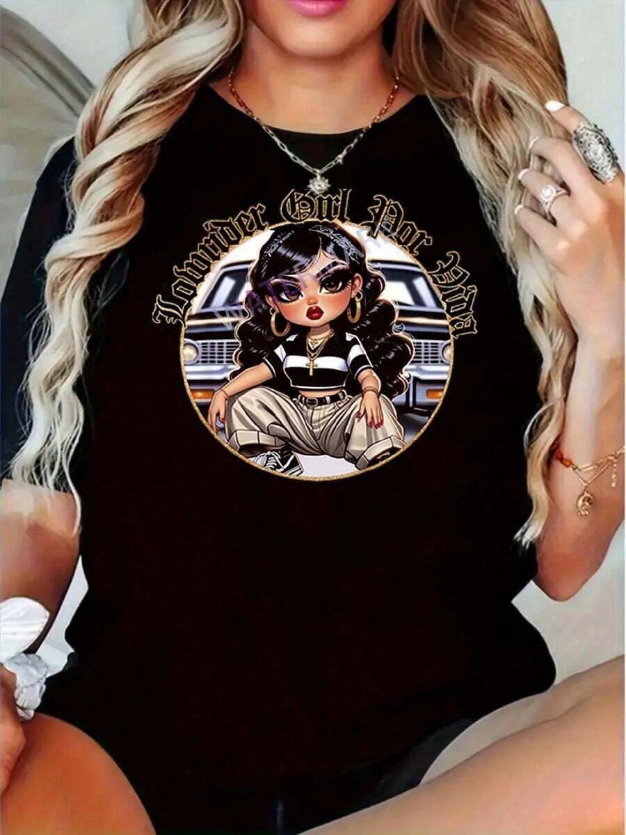 Camiseta Gráfica Retro Y2K de los 90 para Mujer - Estilo Chola Divertido con Coche Vintage y Cadenas Doradas - Top Negro Casual de Manga Corta para Conjuntos Temáticos de los 90 - 100% Algodón - Negro - Ver 1