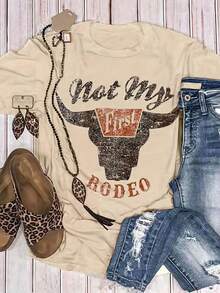 Camiseta de Mujer ODEO con Estampado de Cabeza de Vaca y Letras - Transpirable y Amigable con la Piel - Blanco - Ver 8