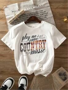 Women's T-Shirt With Country Music Print - Casual Crew Neck, Short Sleeve, Knit Fabric, Colorful Patchwork Letter Design - Cotton And Spandex Blend - Comfortable For All Seasons - 100% Cotton T-Shirt, Breathable For Casual Daily Wear - Suitable For Spring, Summer And Autumn. - 白色 - 查看 4