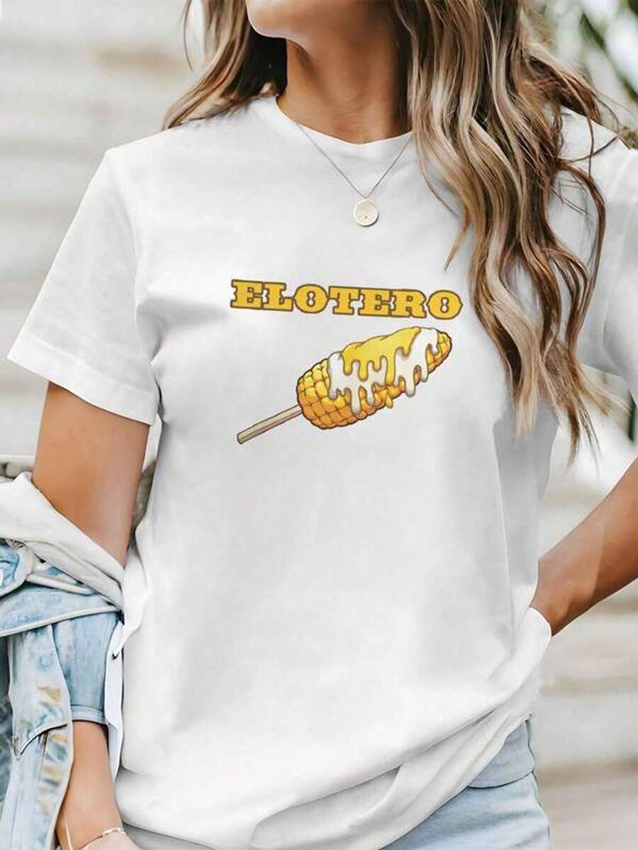 Camiseta de manga corta de estilo mexicano con estampado de elote, casual para damas