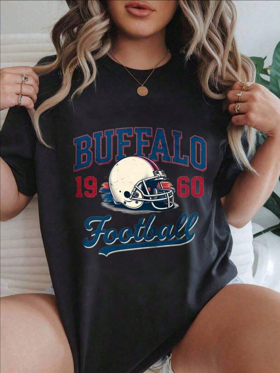 Camiseta Casual de Manga Corta para Mujer - Diseño de Casco de Fútbol Americano Buffalo 1960, Cuello Redondo, Top de Verano, Lavable a Máquina, Camisetas para Damas, Ropa Casual, Estilo Moderno, Ajuste Cómodo
-Blanco - Negro - Ver 1