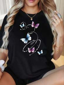 Women's Short-Sleeved T-Shirt With A Round Neck, Fun Butterfly Print, Loose Fit, Casual Graphic Tee,  Black. Suitable For Valentine's Day, Christmas, Parties, Sports Activities, Holidays, Outings, And Other Festive Gifts (220g). Leisure - 黑色 - 查看 6