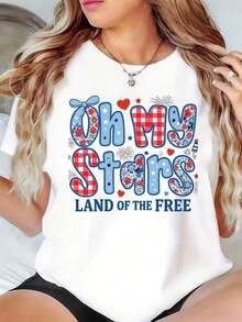 Camiseta de Mujer "Oh My Stars Land Of The Free" con Diseño Patriótico Floral y de Bandera para Celebración del Día de la Independencia, Día del Juego, Atuendo para Mamá, 4 de Julio, EE. UU. Adecuada para primavera, verano y otoño. - Blanco - Ver 7