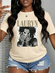Women's T-Shirt 100% Cotton/Lauren Hill/Letter Print/Vintage T-Shirt/Women's Casual Loose Crew Neck Top/Niche Graffiti Print T-Shirts For Spring And Summer 85841102525 - 杏色 - 查看 7