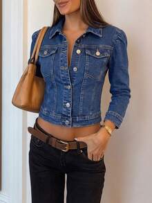 Áo khoác denim dài tay nữ, cài một hàng cúc, kiểu dáng thường ngày, đa năng. - Rửa trung bình - Xem 4