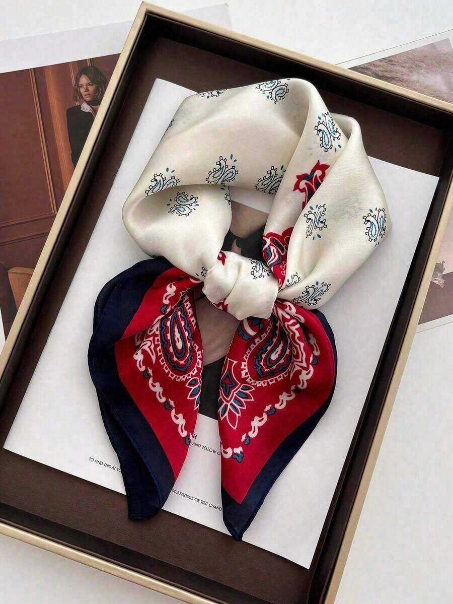 1pc Women's Retro Silk-Like Floral Square Scarf, Versatile, Fashion Neck Scarf Headband, Bag Accessory Dress - White and Red - View 1