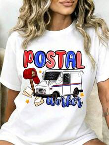1 Postal Worker T-Shirt With A Mail Truck And Mailbox Design For Employees And Mail Carriers. Fun Gift For Postal Workers And Mail Delivery Staff. 180g 100% Cotton. - 白色 - 查看 1