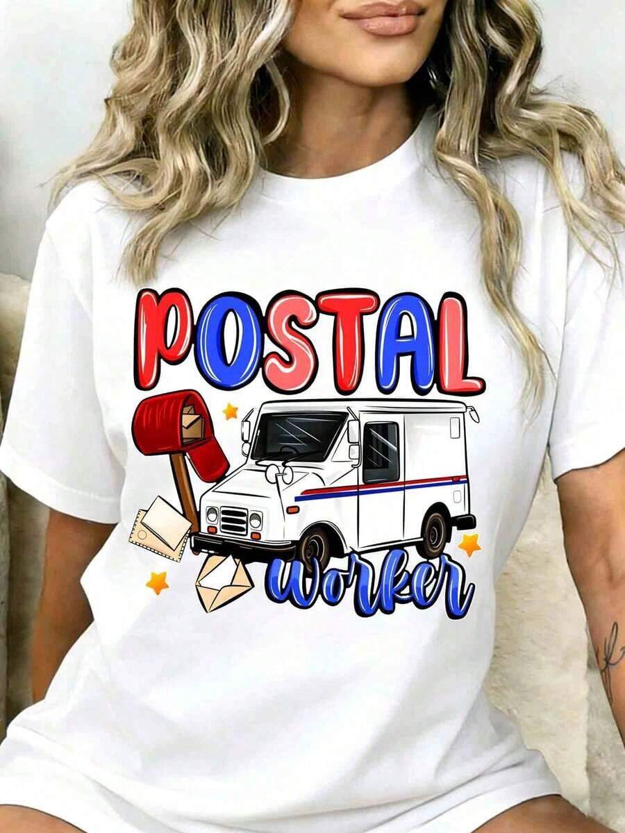 1 Postal Worker T-Shirt With A Mail Truck And Mailbox Design For Employees And Mail Carriers. Fun Gift For Postal Workers And Mail Delivery Staff. 180g 100% Cotton. - 白色 - 查看 1