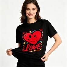Tops para mujer juvenil de una pieza con estampado de corazones, estilo urbano, para mujer, con estampado de rostro, ropa casual de primavera/verano para exteriores. - Negro - Ver 7