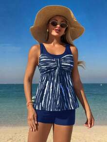 Swim Lushoire Set de 2 piezas de top de tirantes anchos con estampado de lazo en la parte delantera y diseño a rayas en blanco y negro + shorts de natación a media cintura en negro, conjunto de bikini casual simple para vacaciones - Azul marino - Ver 4