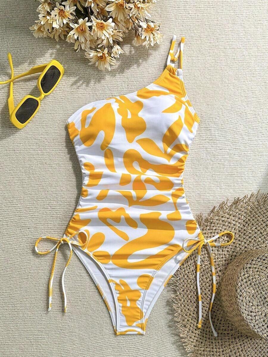 Traje de baño de una pieza con estampado todo sobre con cordón lateral para mujer, ideal para vacaciones y playa - Amarillo - Ver 1