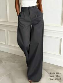 Pantalones anchos de primavera casuales para mujer  estilo de pierna recta holgada, diseño de cintura único de unicolor, adecuados para la oficina y el uso diario, versátiles y favorecedores - Gris - Ver 1