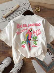 [Double-Sided Print] Fashionable Women's Top, Women's Summer Clothes, Tropical Style, Short Sleeve T-Shirt With Round Neck And Parrot Print And RIO DE JANEIRO TROPICAL Text, Women's Winter Clothes - 白色 - 查看 4