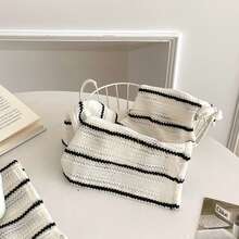 1/2/6pcs Classic Nordic Style Black & White Striped Placemats, Hollow-Out Fabric Napkins & Decorative Tablecloths - White - View 3