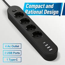 Black White Multi-Port Power Strip Charger Desktop Charging Station 8-In-1 Power Strip 5ft/10ft Options With 4 AC Outlets 3 USB Ports 1 Type-C Port Overload Protection Master Switch Standard EU Plug Wall Mountable Ideal For Home Kitchen Office Travel Use Memorial Day Summer Kickoff - EU E Type Plug(220-240V) - View 2